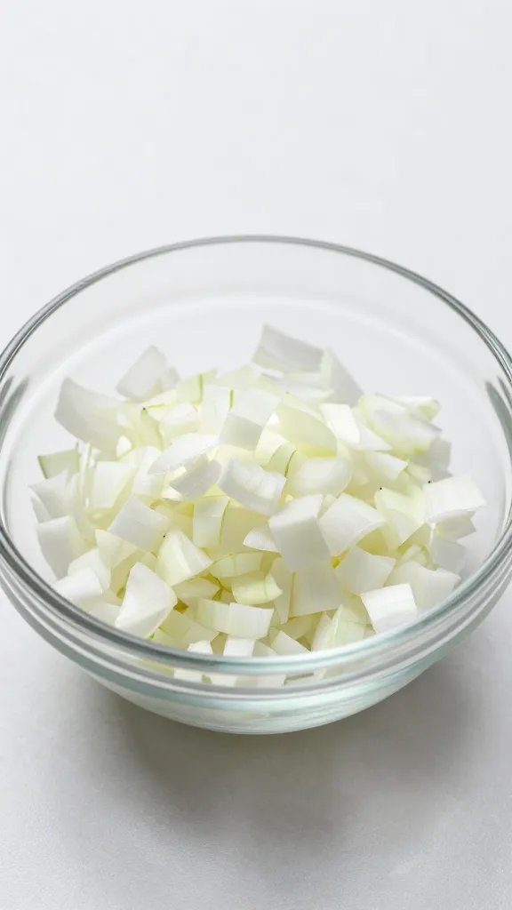 finely diced white onion in small glass prep bowl