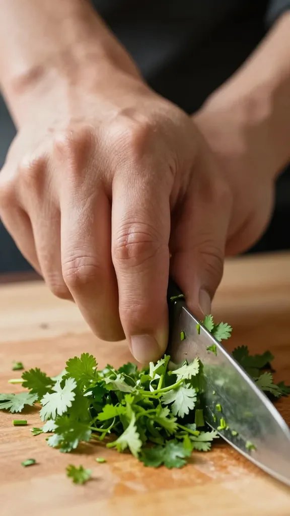 tight handful of chopped cilantro on chef’s knife blade