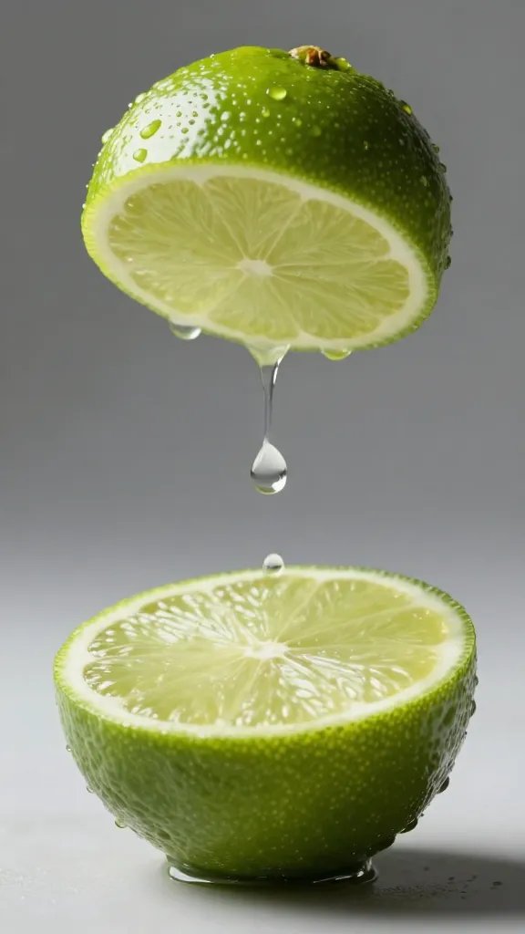 lime half being squeezed, droplets mid-air