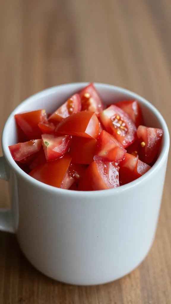 ceramic mug filled to brim with diced tomatoes