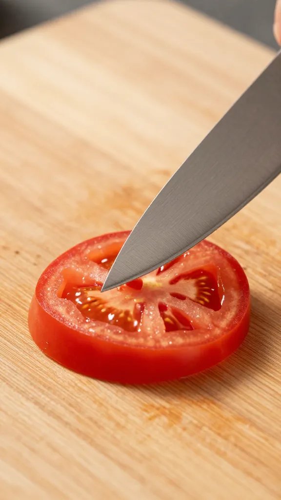 chef’s knife tip dicing tomato on wooden board