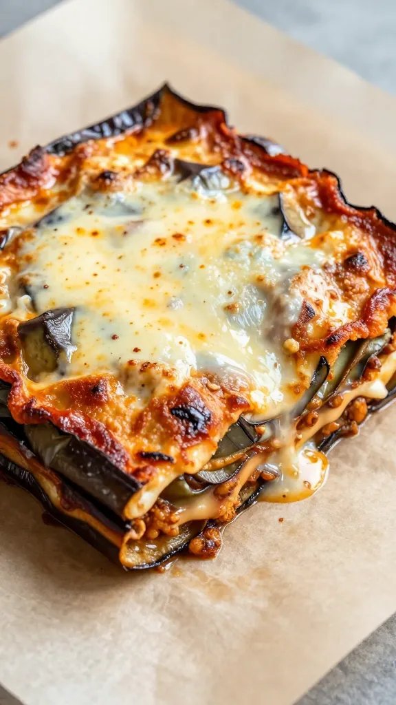 Closeup square of eggplant parmesan on parchment paper