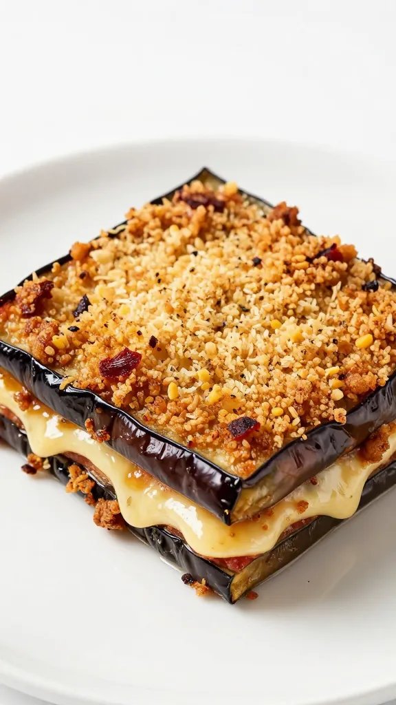 Single plated eggplant parmesan slice with crisp breadcrumb top