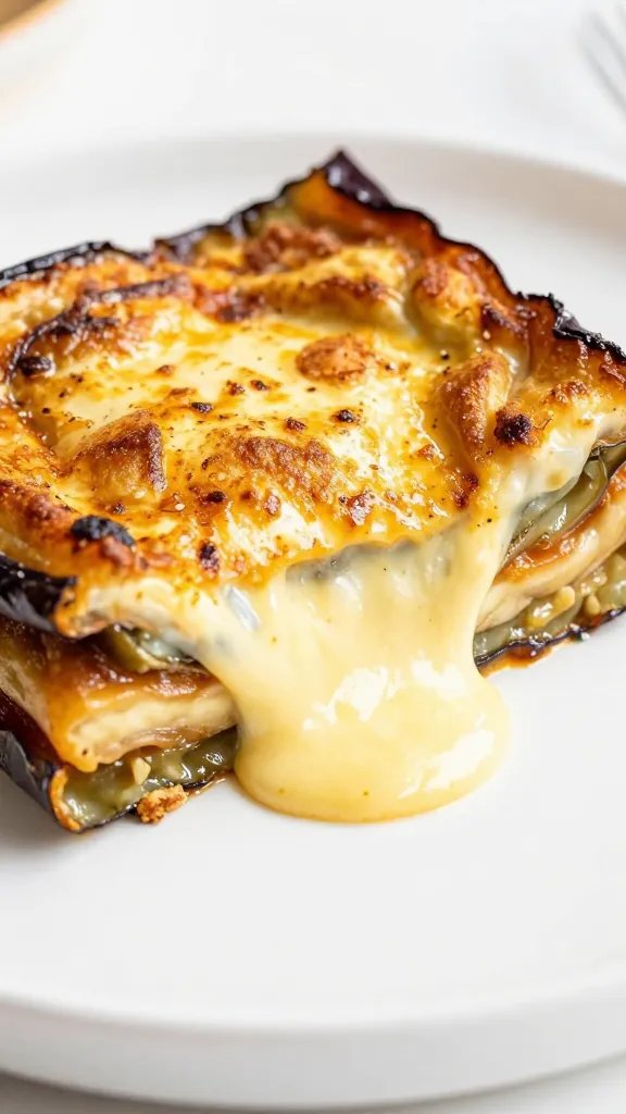 Golden melted mozzarella layer on eggplant parmesan slice