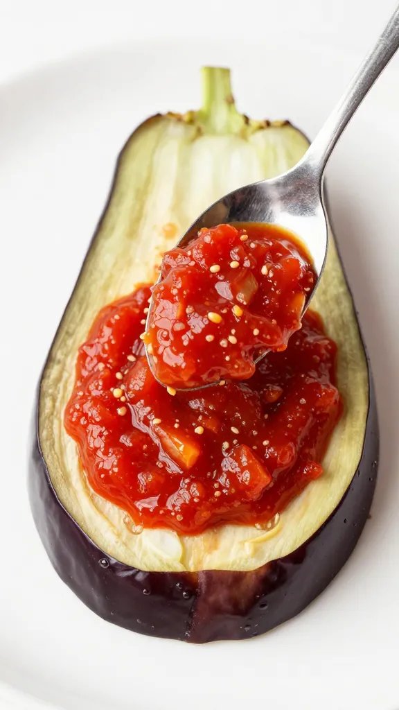 Tomato-garlic sauce spooned over one eggplant slice