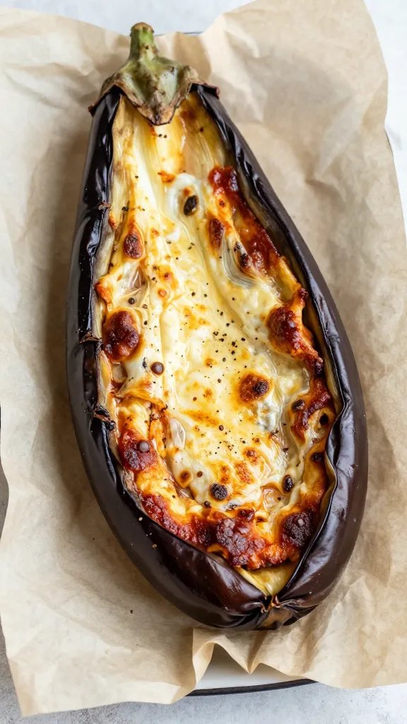 Single picnic-ready eggplant parmesan wrapped in parchment