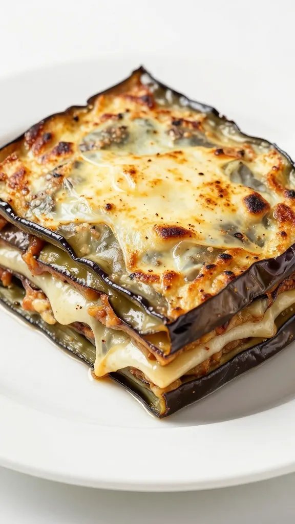 Cross-section of layered eggplant parmesan on white plate
