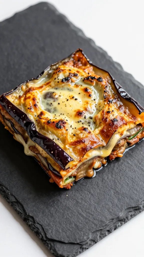 Basil-garnished eggplant parmesan square on slate board