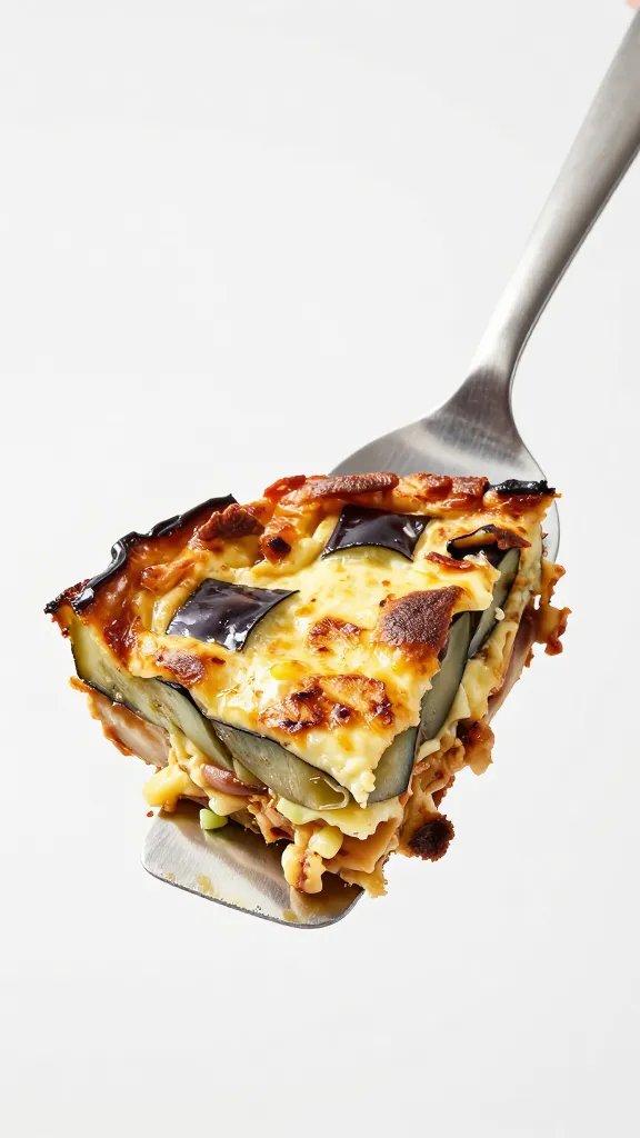 Single stainless spatula lifting eggplant parmesan slice
