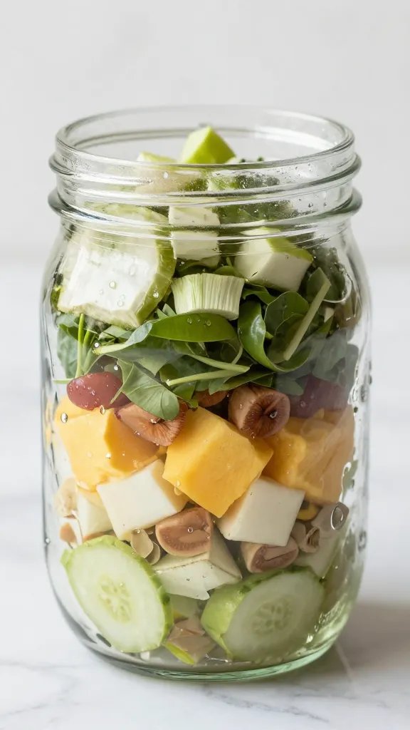 closeup mason jar salad with visible layering on marble