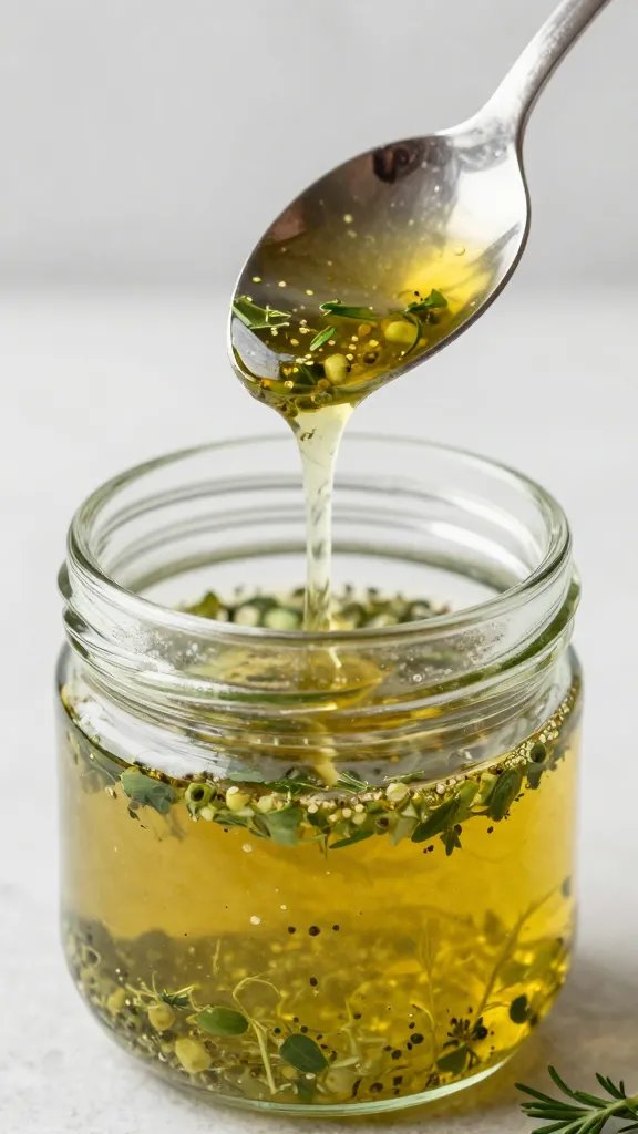 spoonful of herb vinaigrette dripping into glass jar