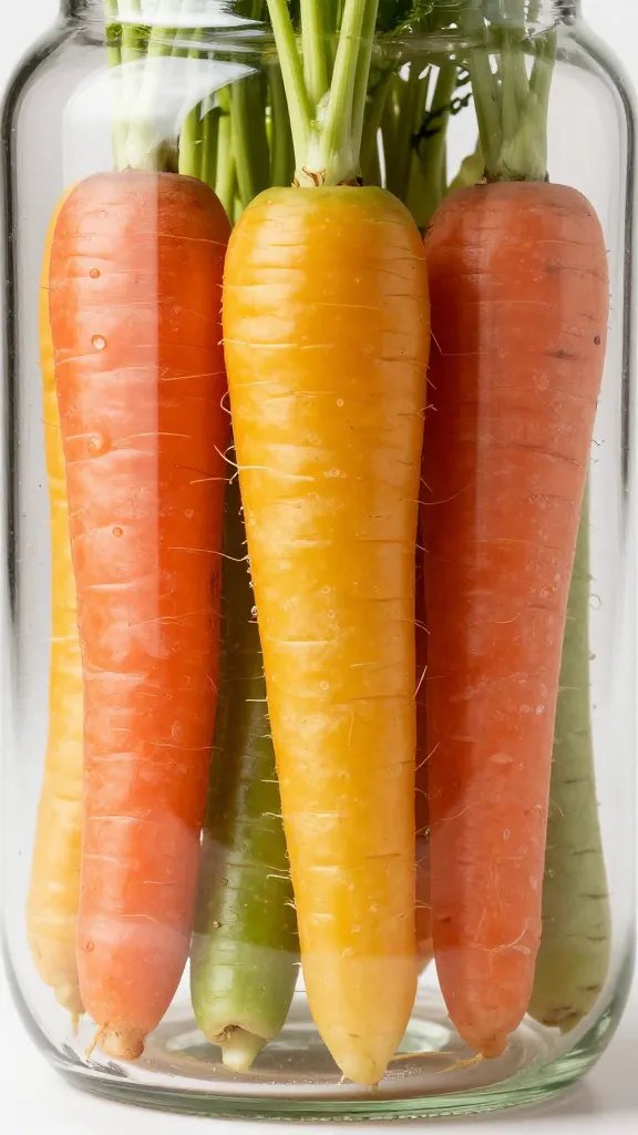 tightly packed rainbow carrots at jar bottom, studio light