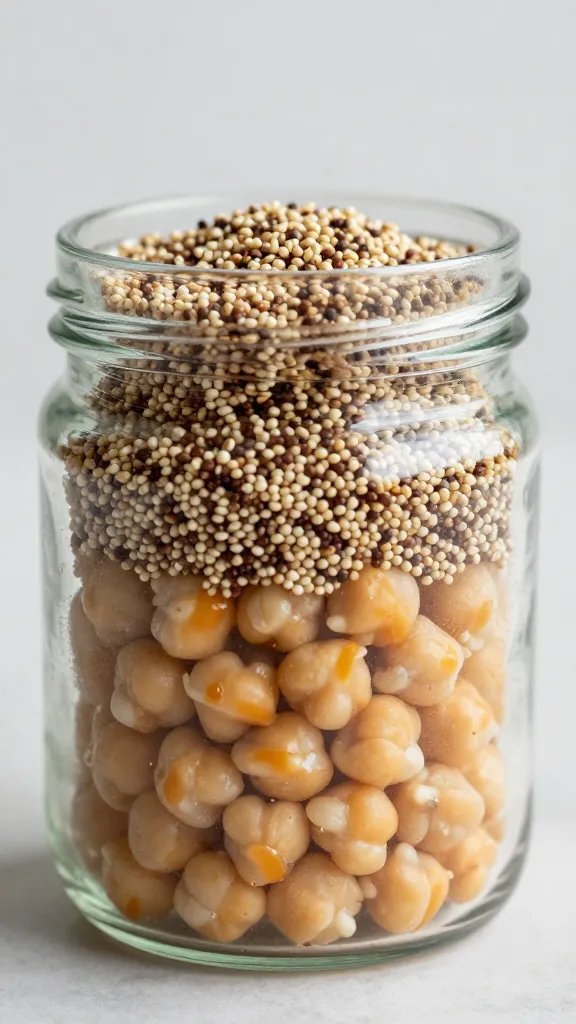 single jar layer of quinoa above chickpeas, macro shot