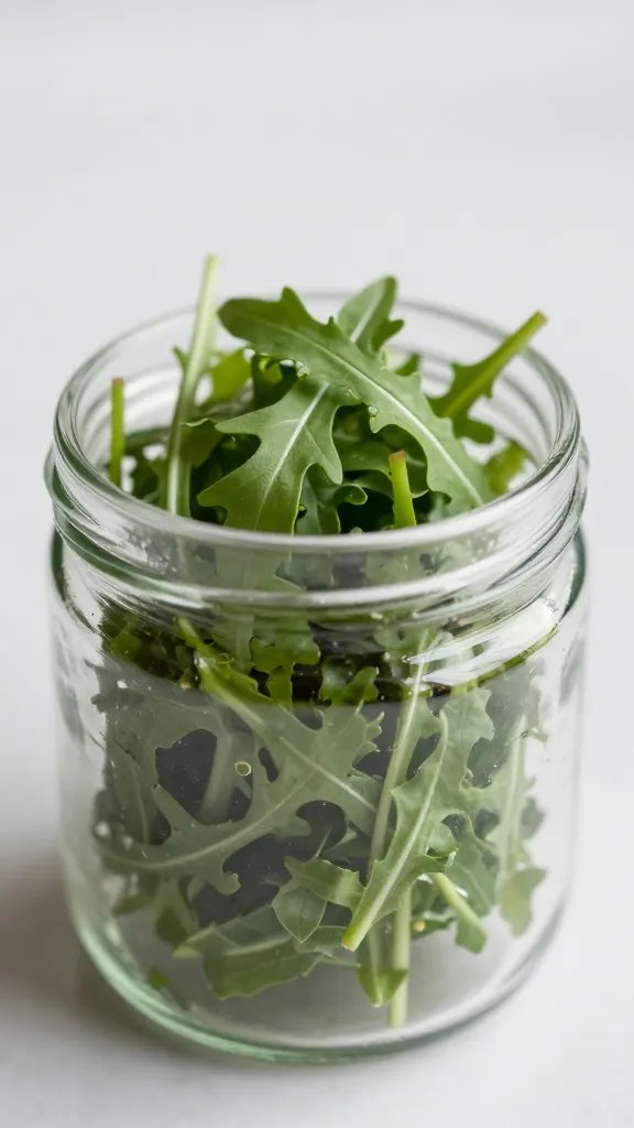 delicate baby arugula topping a salad jar, soft light