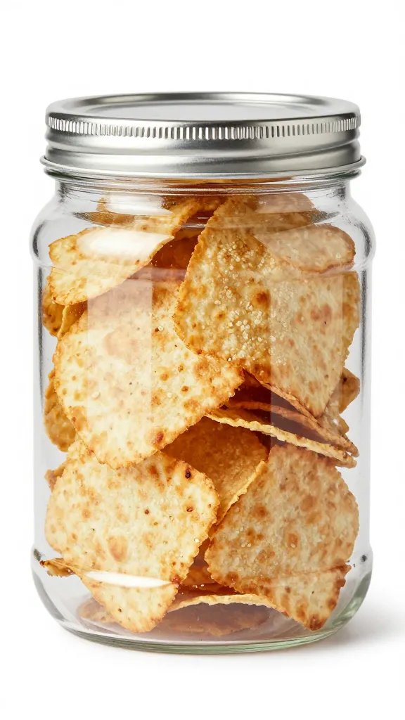 crisp pita chips sealed atop jar, shallow depth
