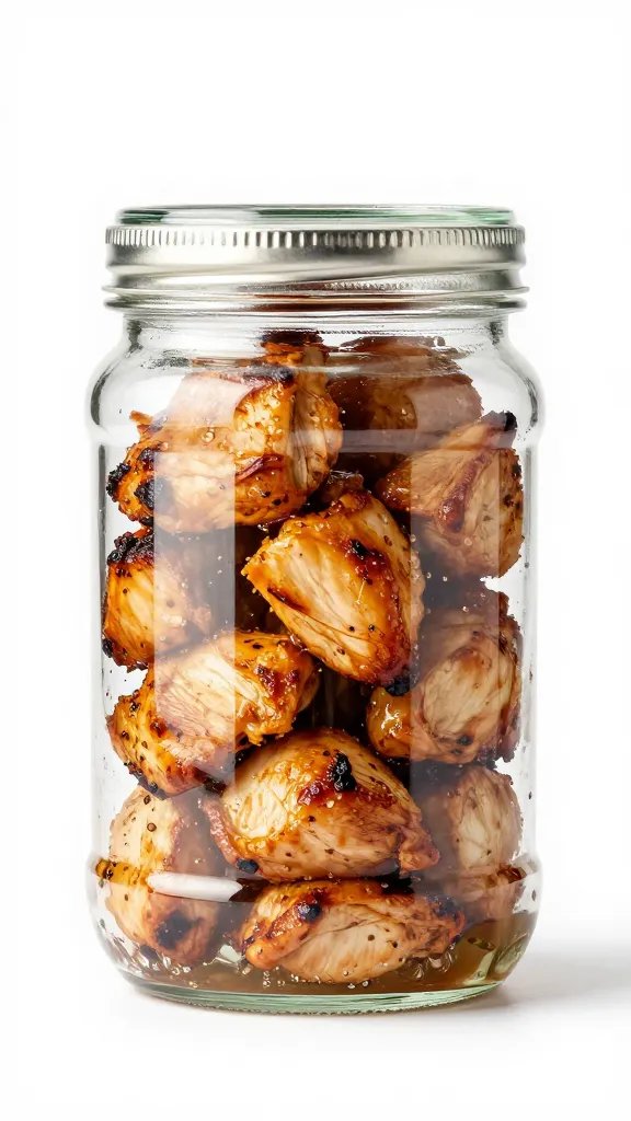 grilled chicken cubes nestled mid-jar, clean backdrop