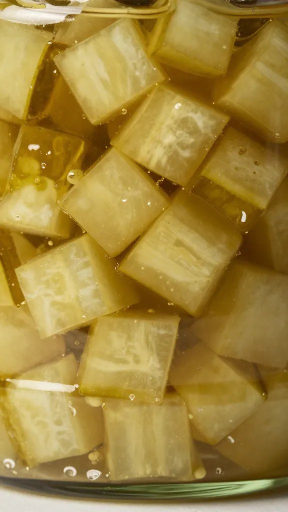 diced cucumbers glistening in dressing at jar base