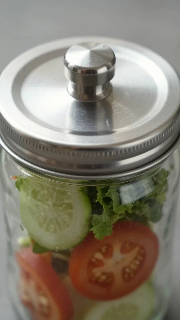 stainless lid twisting onto filled salad jar, closeup
