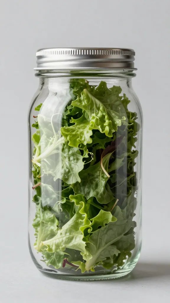 hand shaking single salad jar, suspended greens inside