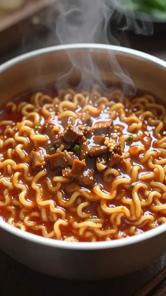steaming bowl of buldak carbonara ramen, glossy sauce