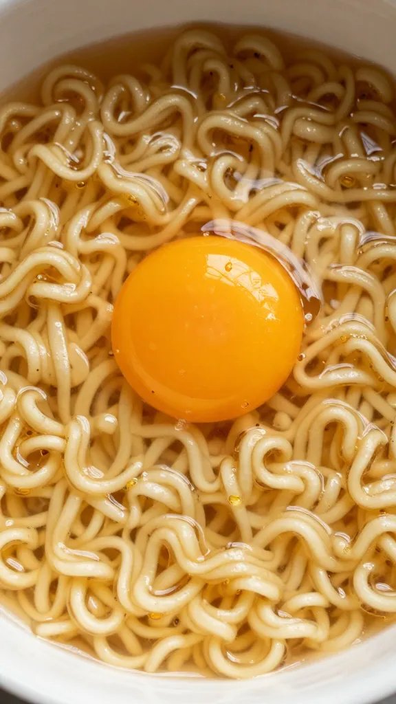 single egg yolk resting on hot ramen noodles
