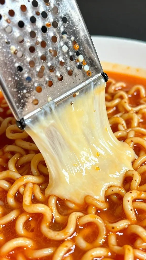 closeup grated pecorino melting into spicy ramen