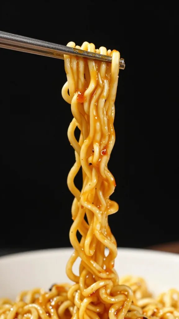 tongs lifting one ramen strand coated in sauce
