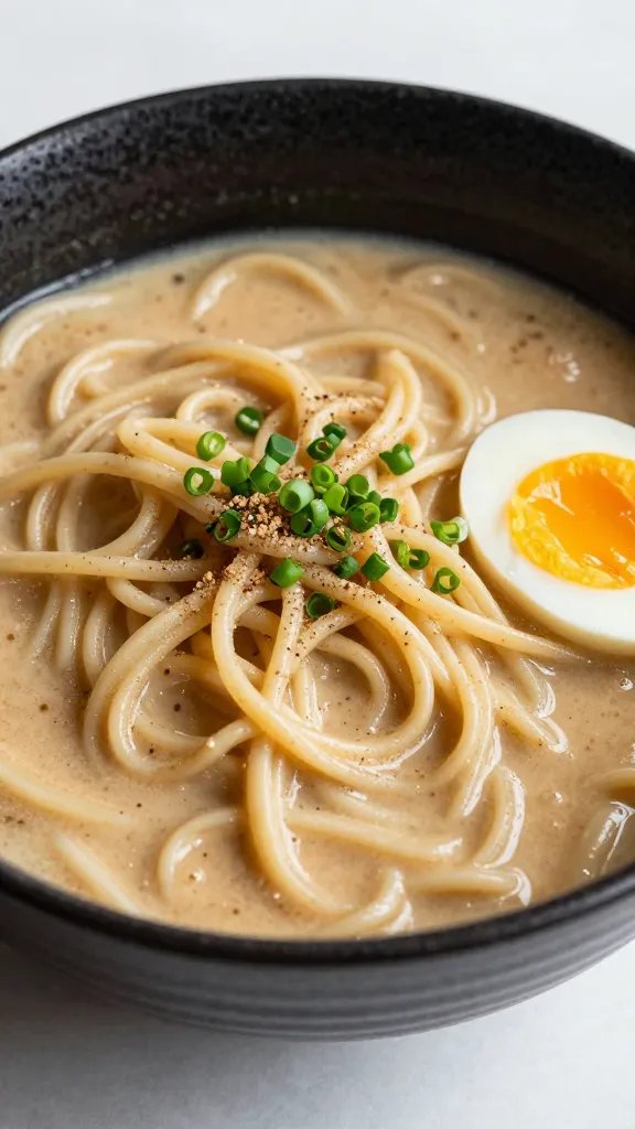gochugaru-dusted carbonara ramen in black ceramic bowl