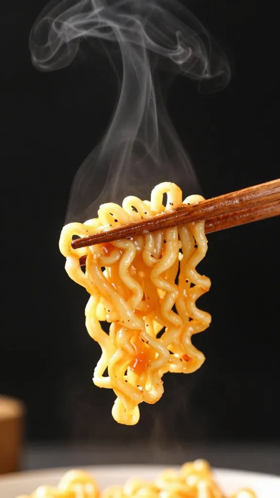 wooden chopsticks holding cheesy ramen bite, steam rising