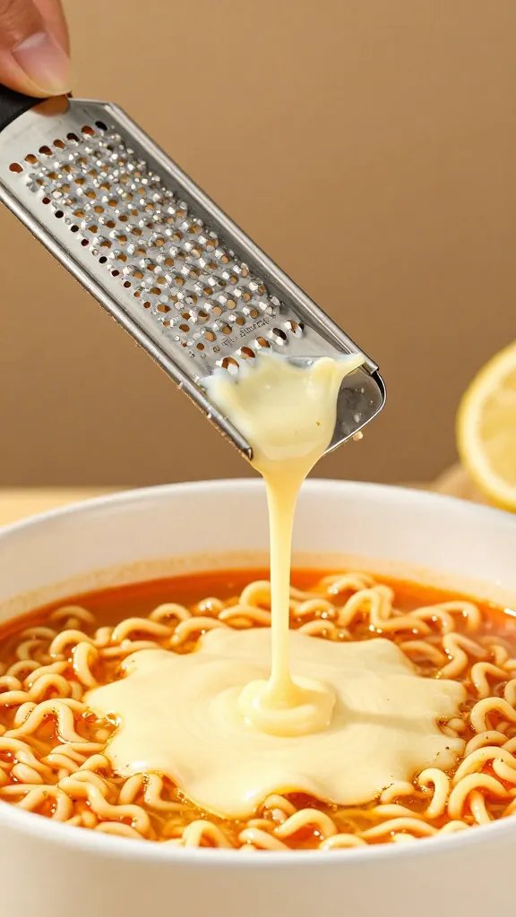microplane grater showering cheese onto buldak ramen