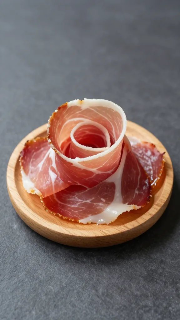 prosciutto rosette on small wooden coaster
