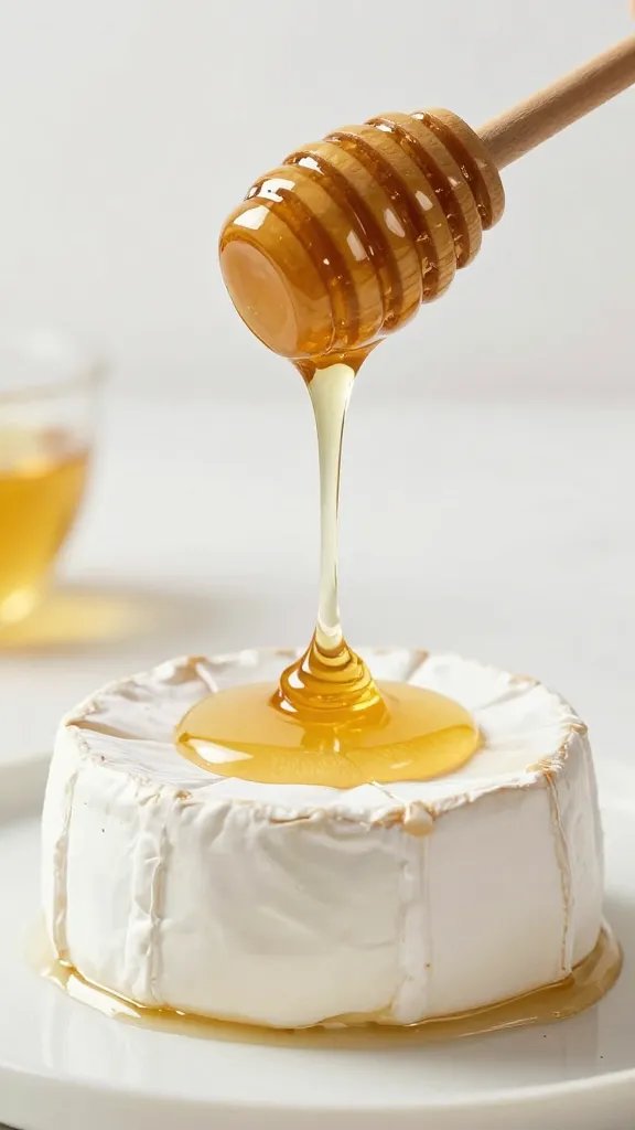 honey dipper dripping honey over brie wedge