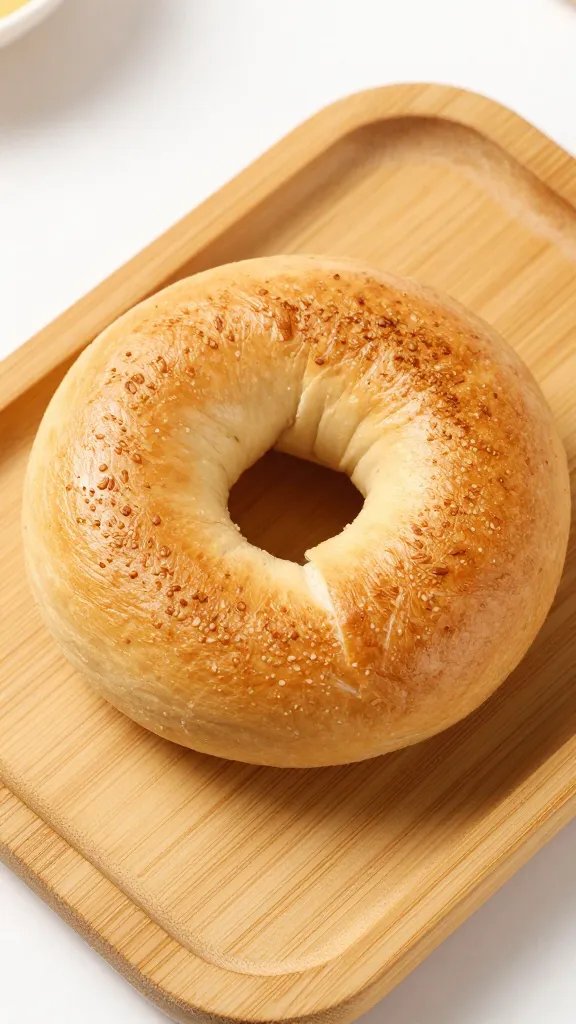 toasted bagel half on bamboo plate