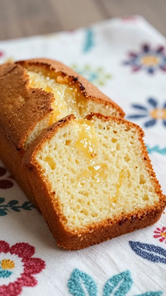 closeup lemon drizzle pound cake slice on thrifted blanket