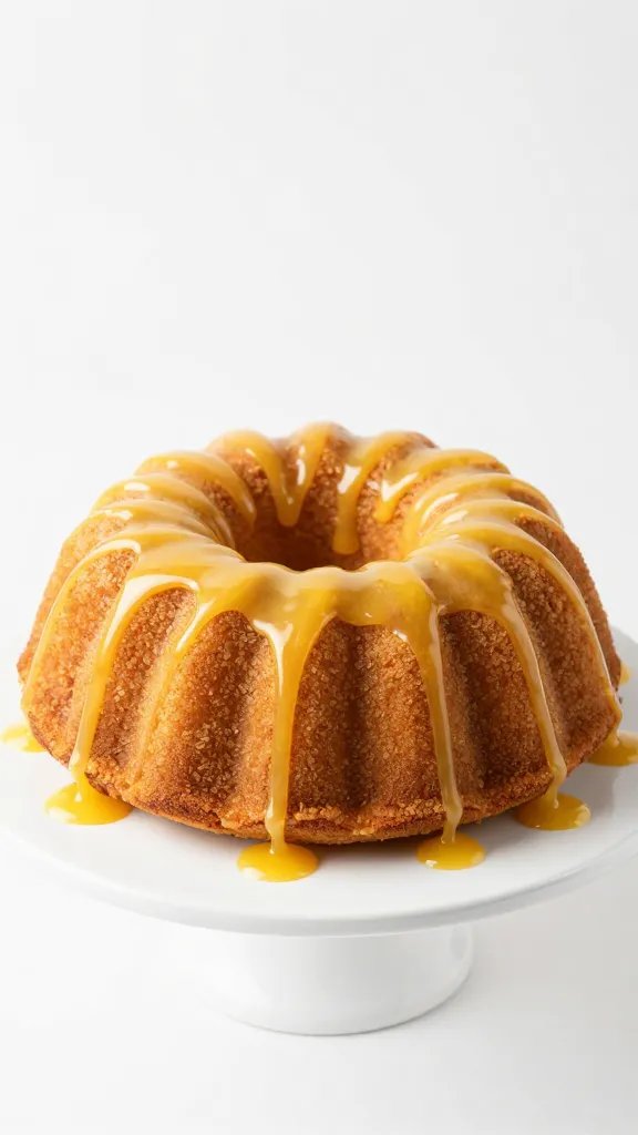 single Bundt cake with citrus glaze on white stand