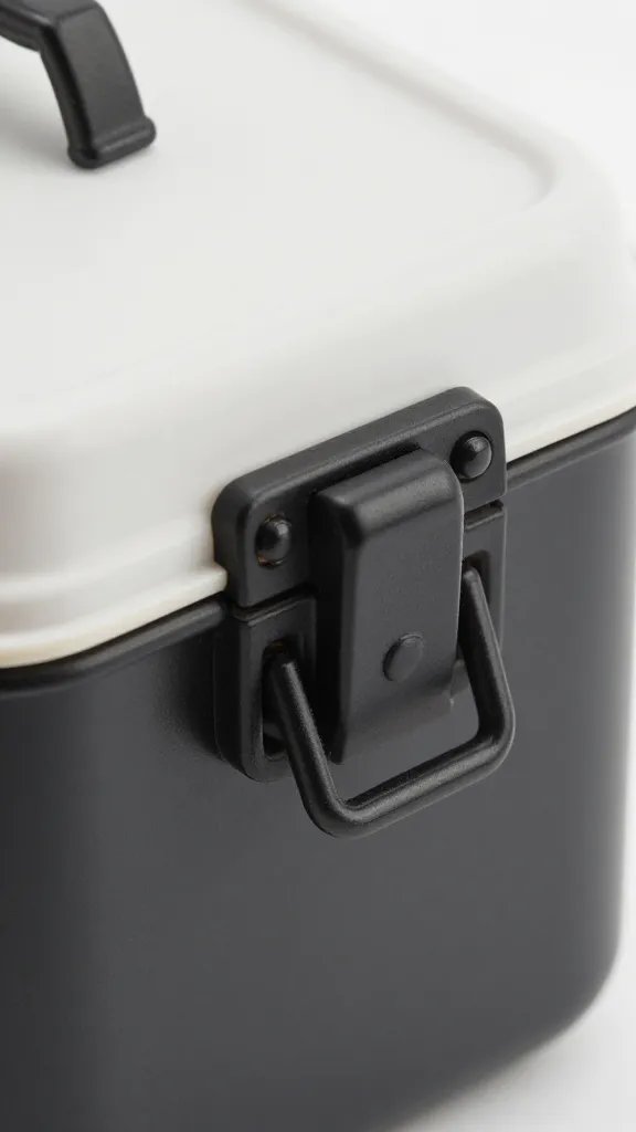 insulated cake carrier latch closeup with handle