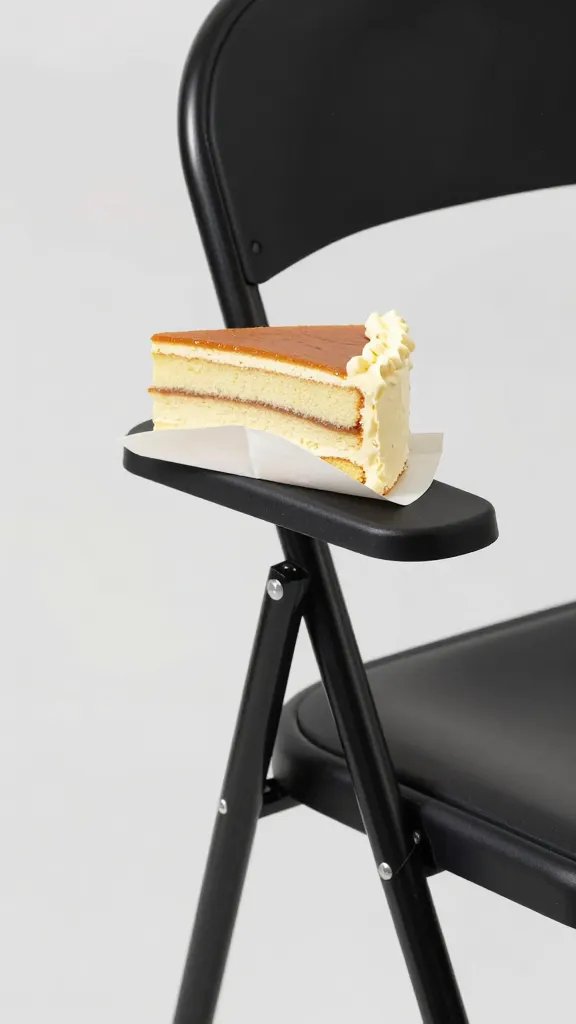 folding chair armrest holding wrapped cake slice
