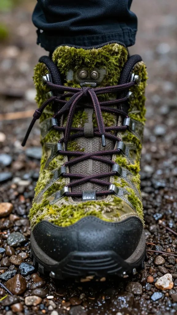 closeup of mossy hiking boot on wet trail gravel
