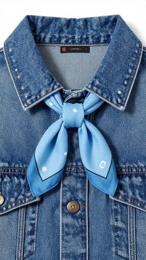 denim jacket collar with sky-blue bandana knot