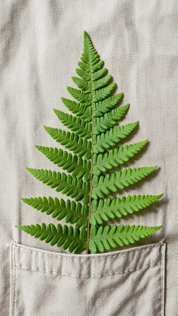 single fern frond in canvas pocket, macro shot