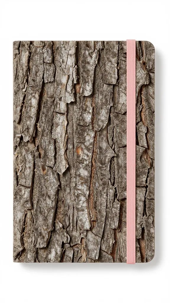 weathered bark-texture notebook with blush elastic band