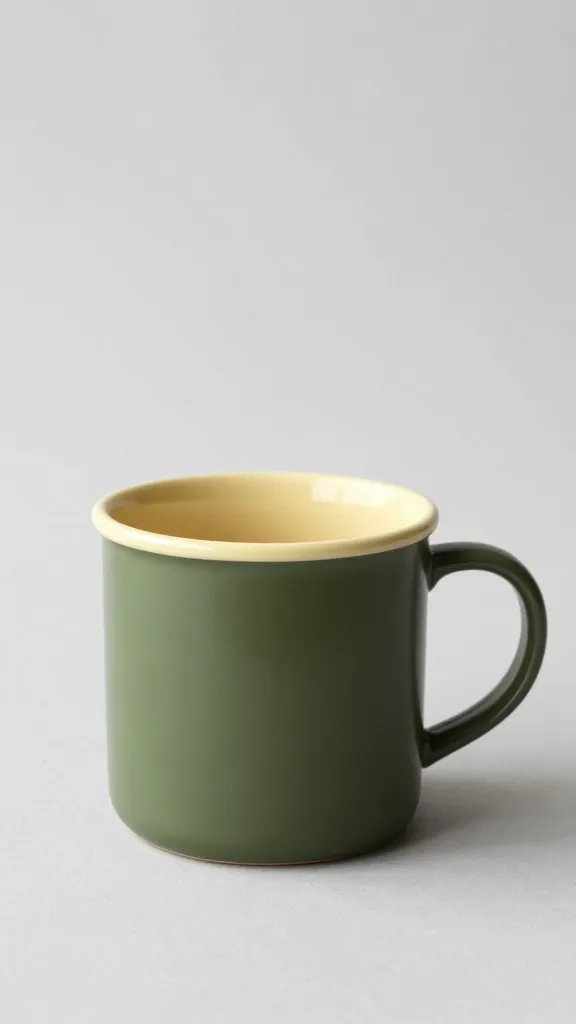 matte enamel mug in olive with pastel yellow rim