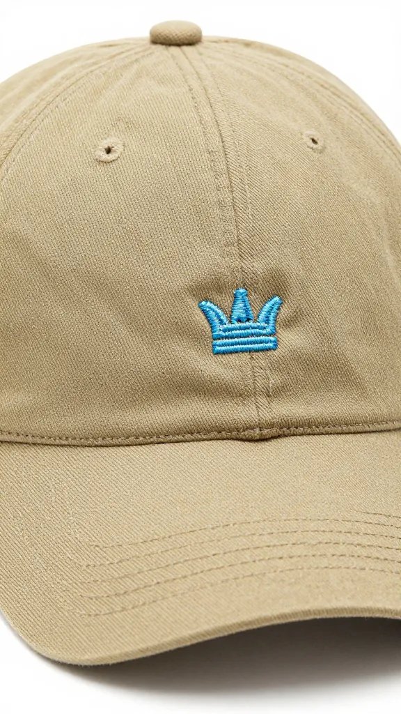 khaki cap featuring small sky-blue embroidery, closeup