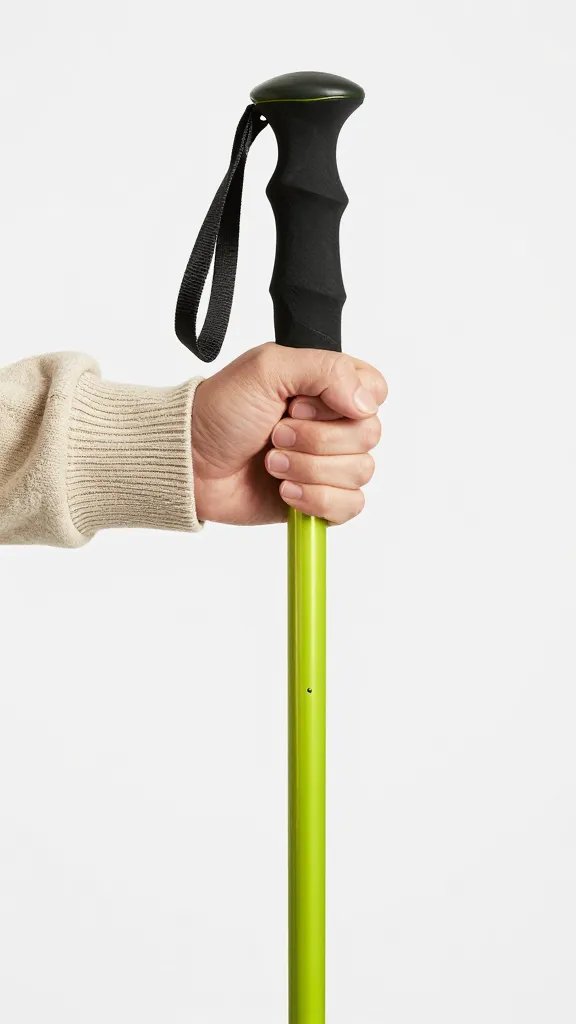 oatmeal sweater sleeve gripping lime-green trekking pole