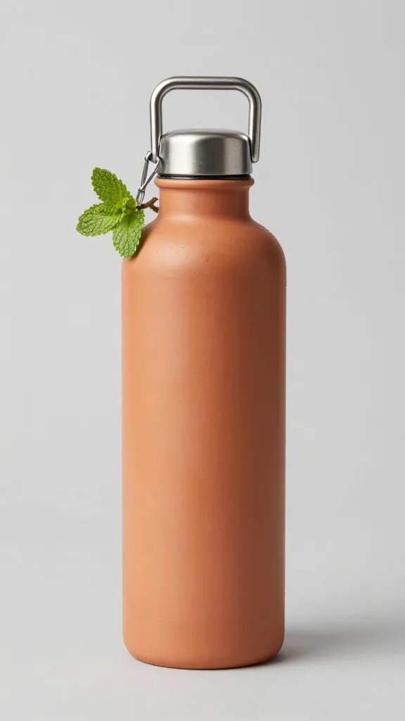 terracotta water bottle with mint carabiner, product shot