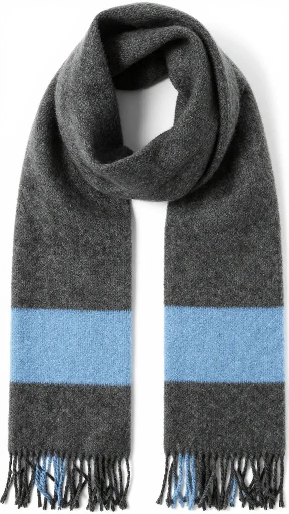 charcoal wool scarf with soft baby-blue stripe, closeup