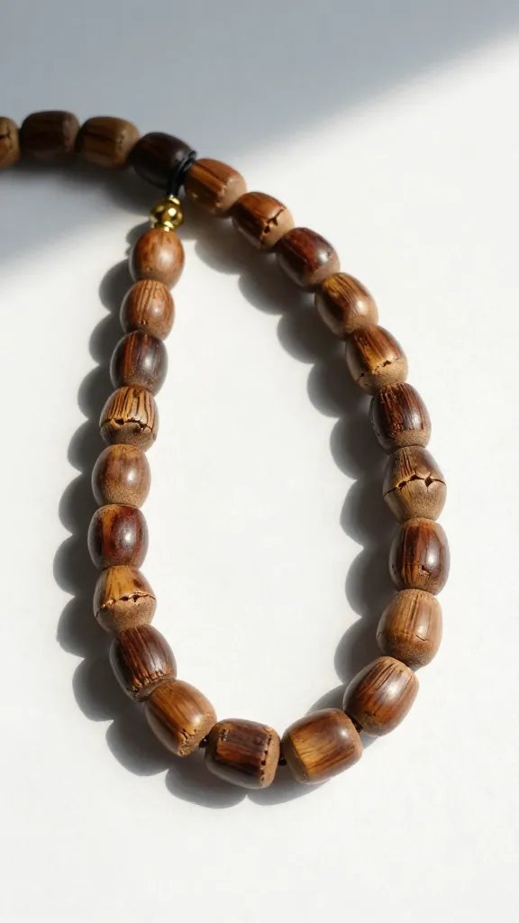 dark walnut bamboo bead strand against sunlight