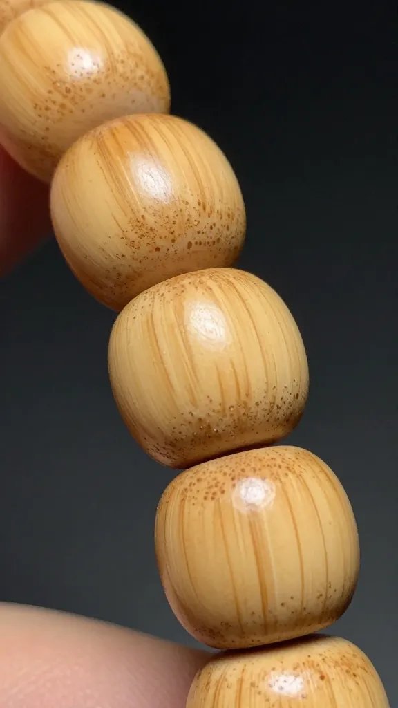 polished bamboo bead with visible grain, macro