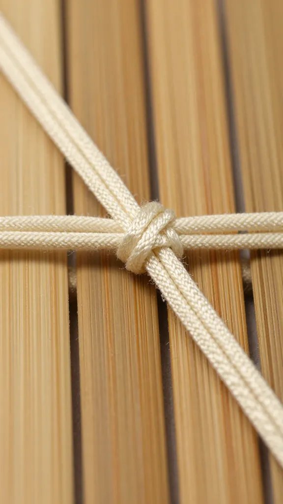 polyester cord knot securing bamboo strand, macro