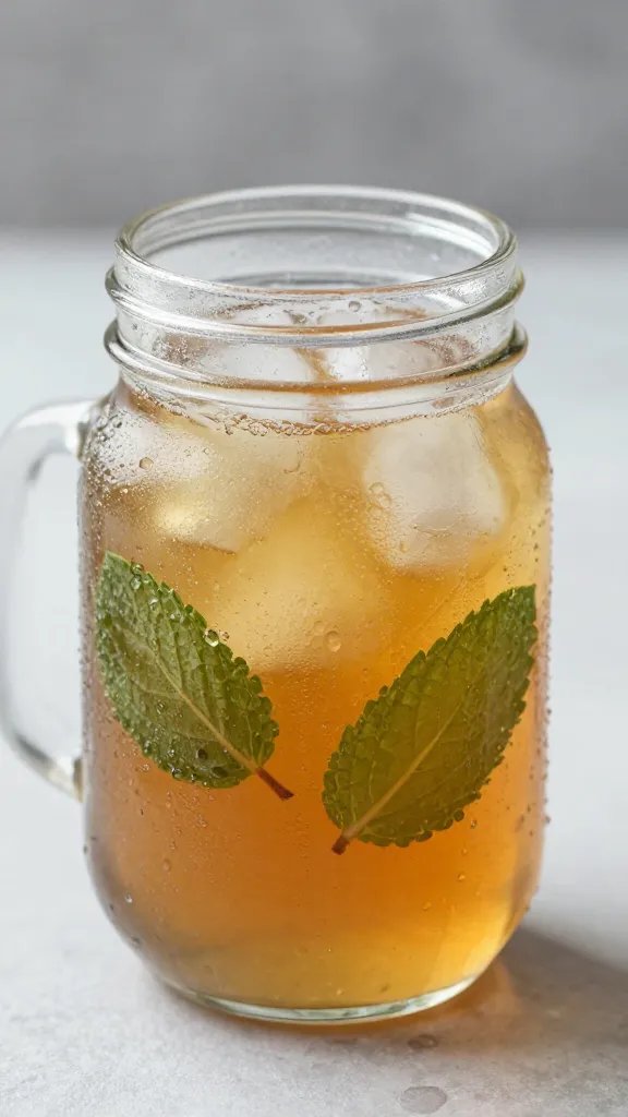 single mason jar filled with iced mint tea, condensation